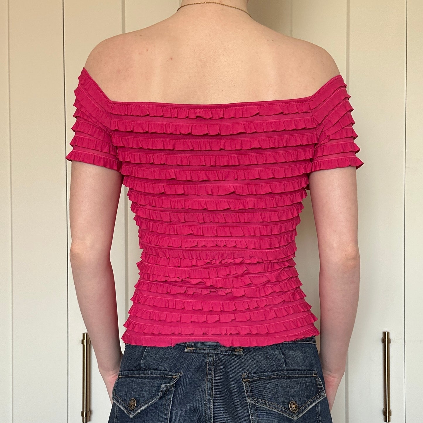 Frank Lyman Pink Ruffle Off the Shoulder Top, M