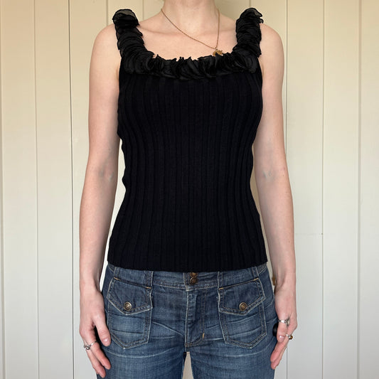 Belldini Black Floral Collar Tank Top, M