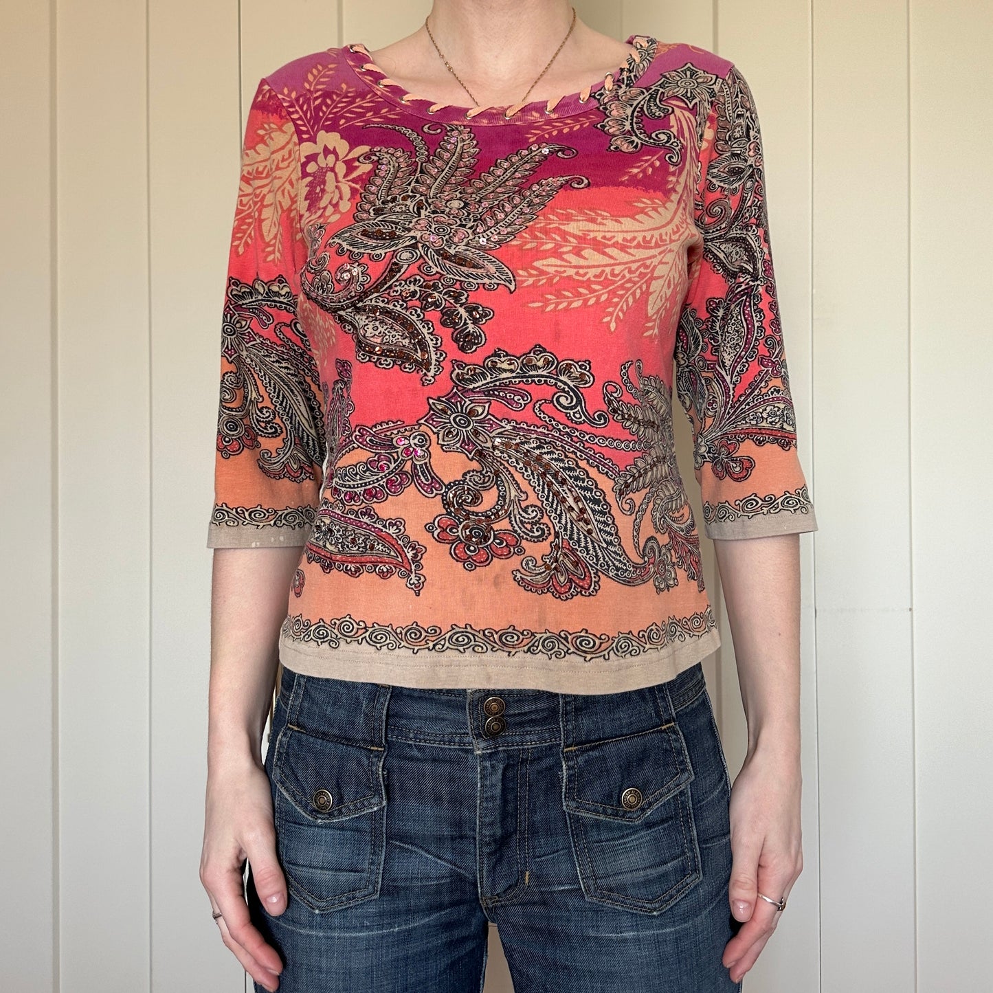 Pink Paisley 3/4 Sleeve Shirt, M