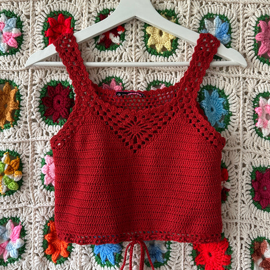 Red Crochet Crop-Top, S