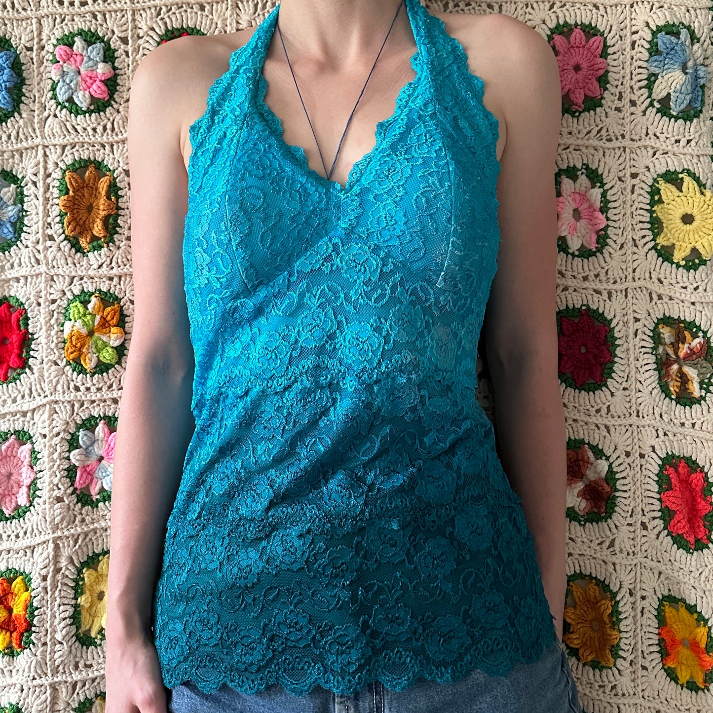 Le Chateau Blue Lace Halter Top, M