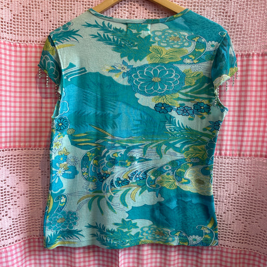 Blue Paisley Beaded Top, M