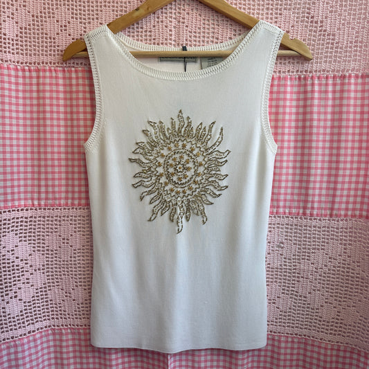 White Tank Top with Sun Beading, S