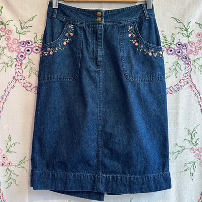 Denim Floral Embroidered Skirt, 28"