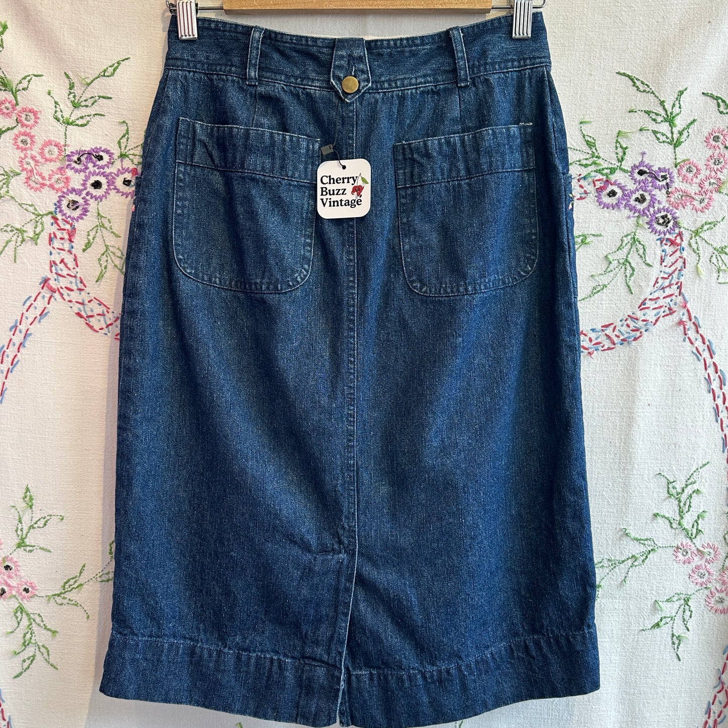 Denim Floral Embroidered Skirt, 28"