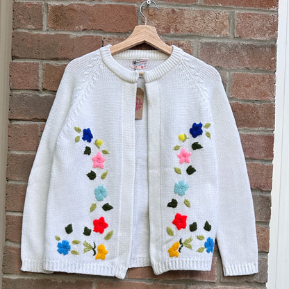 Vintage White Knit Floral Embroidered Cardigan, L