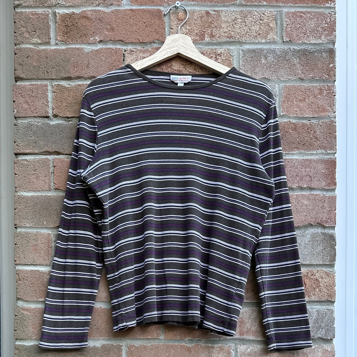 Tabi Active Brown Stripe Waffle Knit Long Sleeve, M