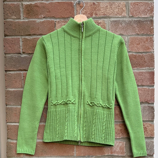 Green Knit Zip-Up Sweater with Double Zipper, S