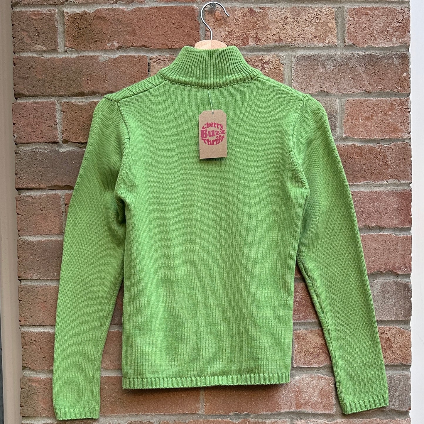 Green Knit Zip-Up Sweater with Double Zipper, S