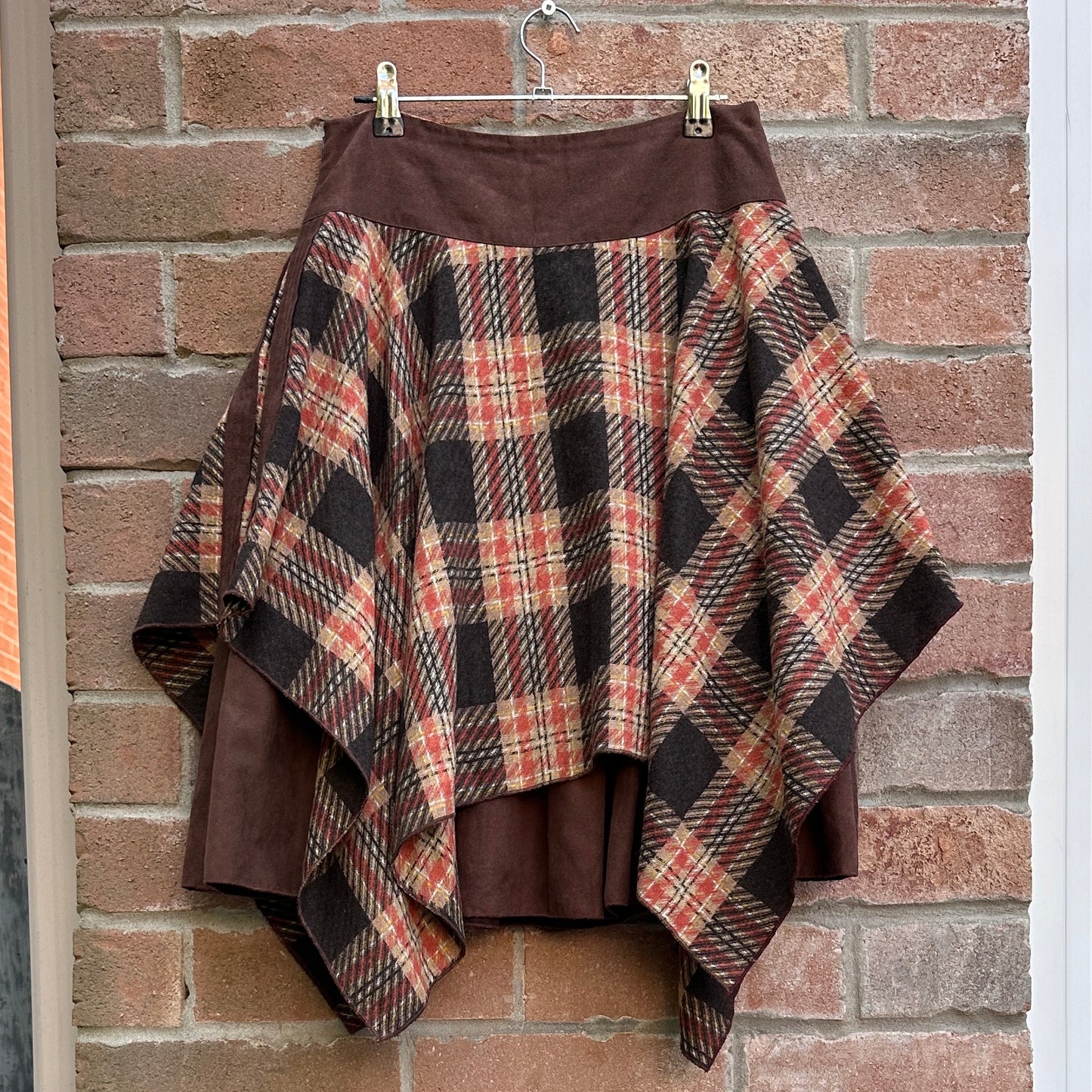 Wool and Suede Layered Plaid Skirt, M