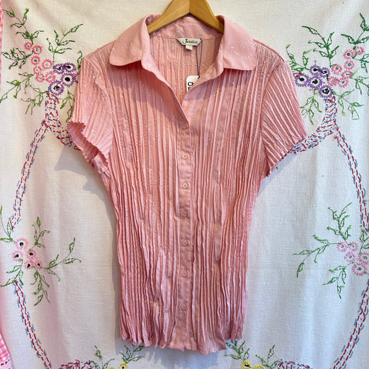Jessica 90s Pink Eyelet Short Sleeve Button Up, L