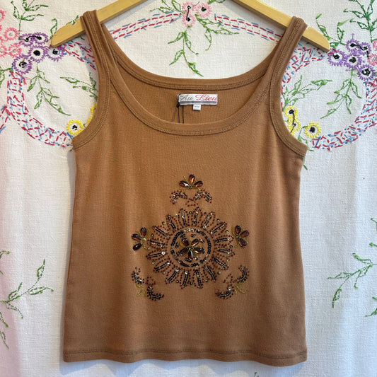Brown Cotton Beaded Tank Top, M