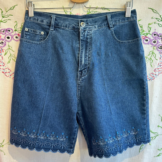 Blue Denim Bermuda Embroidered Scalloped Shorts, 29"