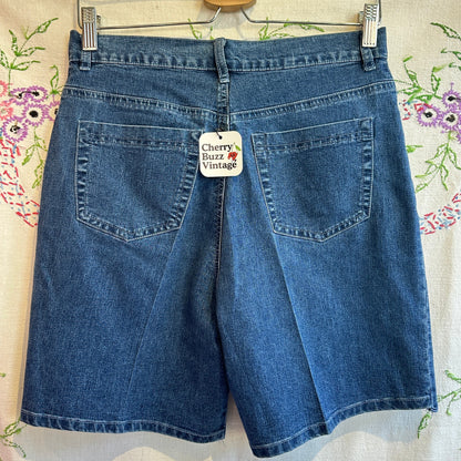 Blue Denim Bermuda Embroidered Scalloped Shorts, 29"