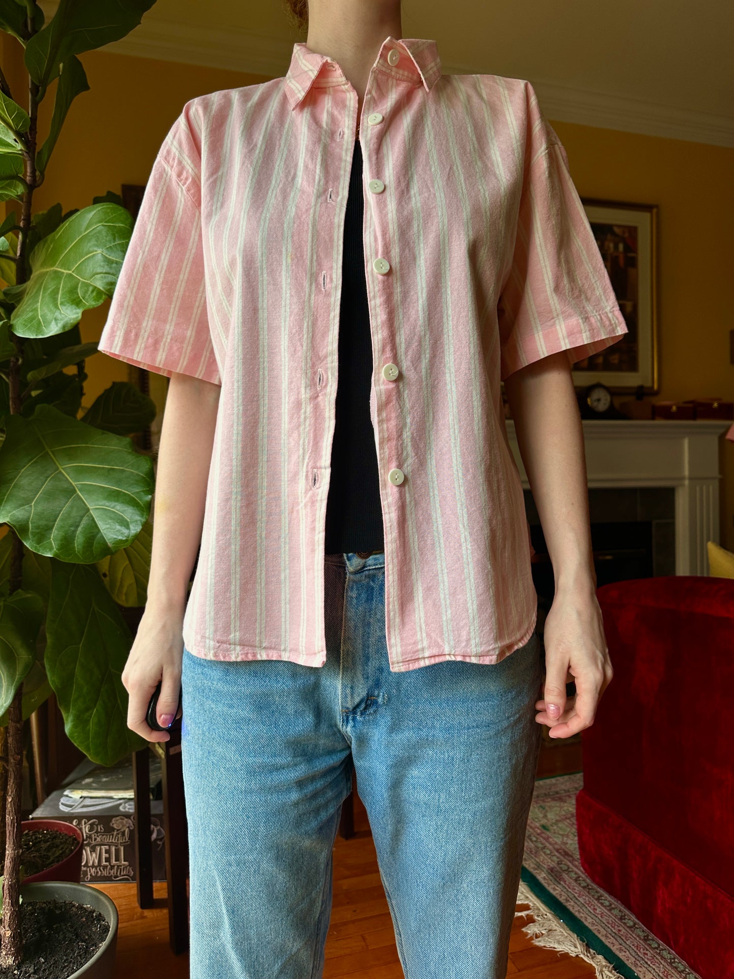 Mikeala Pink Short Sleeve Button Up, S - Button Down - Cherry Buzz