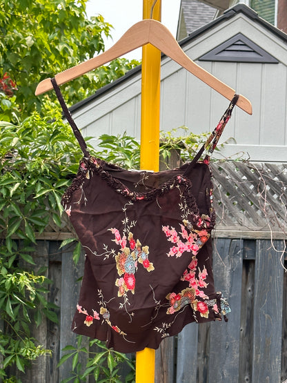 Brown Floral Spaghetti Top, M - Shirt - Cherry Buzz