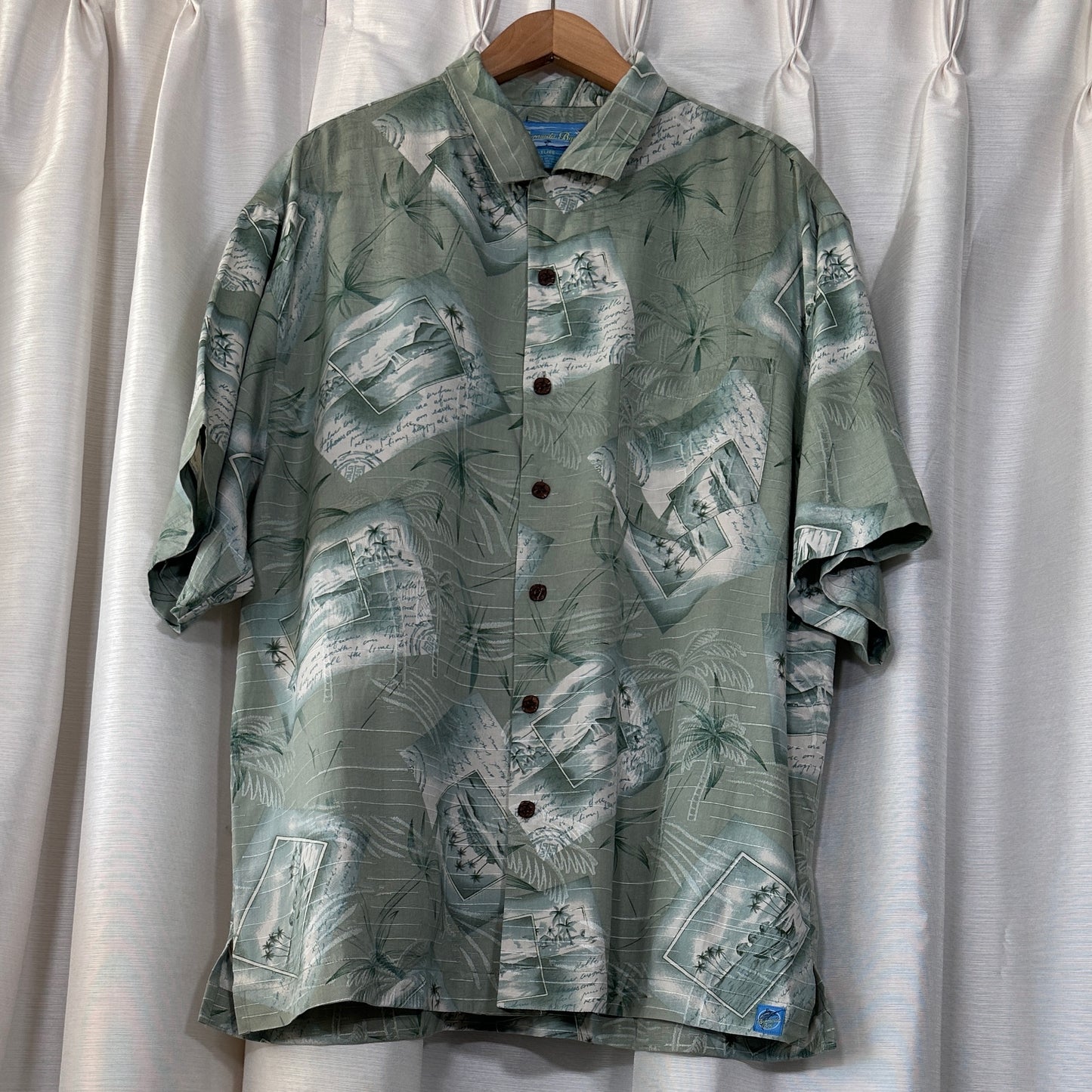 Bermuda Bay Green Postcard Pattern Hawaiian Silk Shirt, XL