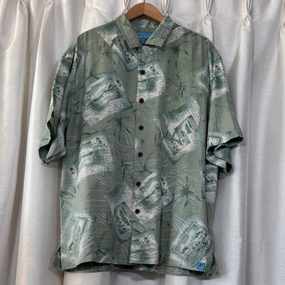 Bermuda Bay Green Postcard Pattern Hawaiian Silk Shirt, XL