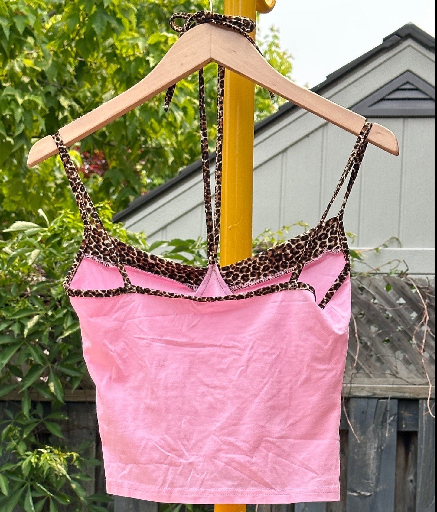 Pink Spaghetti Strap with Leopard Trim, S - Shirt - Cherry Buzz