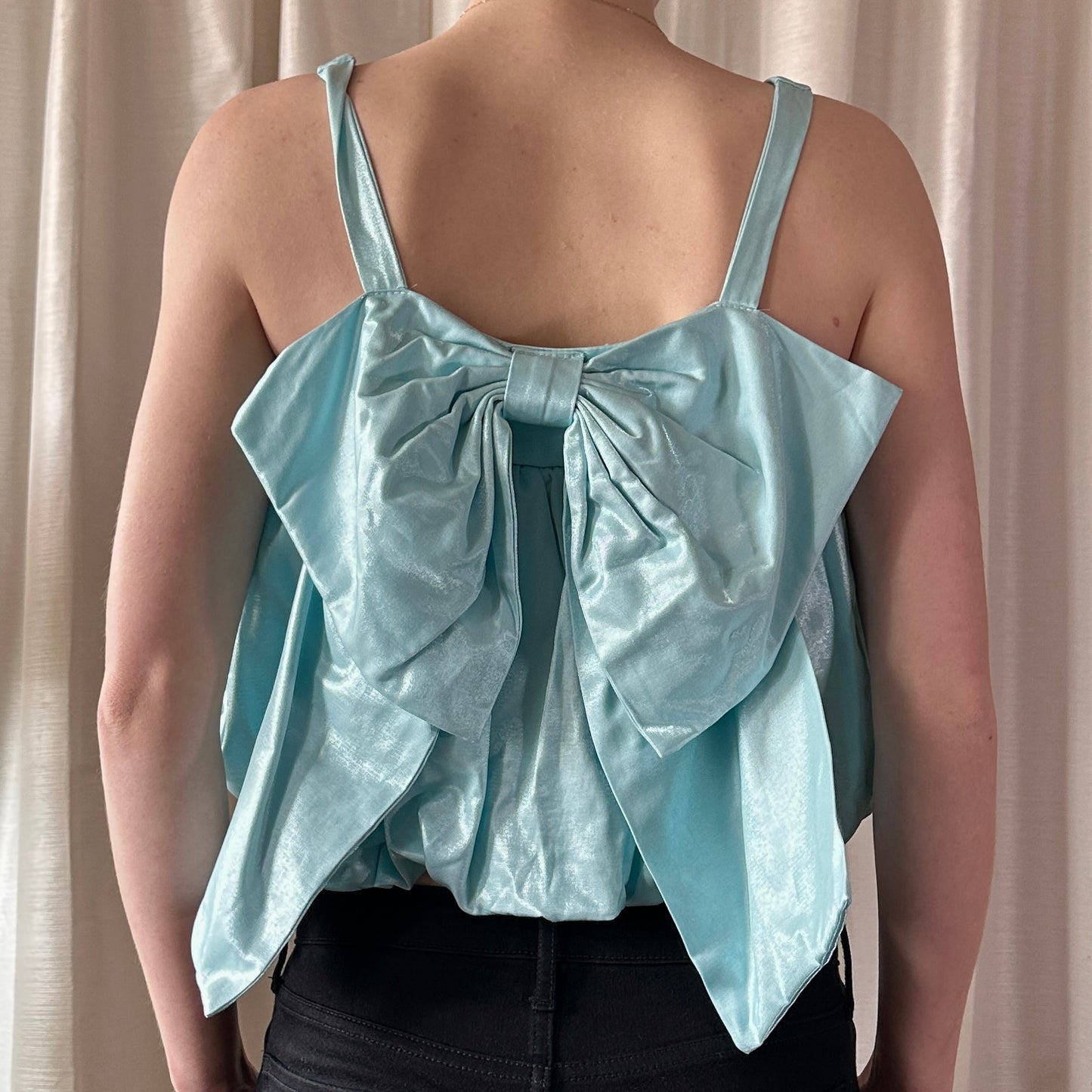 Baby Blue Ruched Top with Large Bow on the Back, S