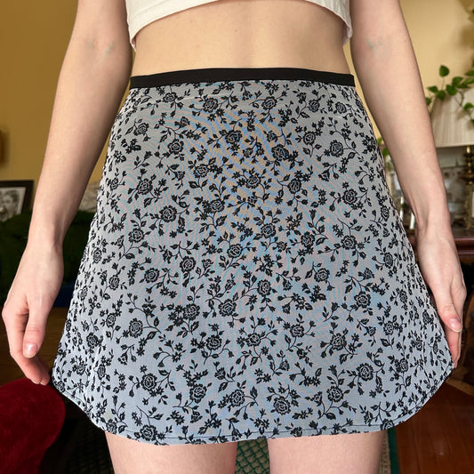 Black and Grey Floral Mini Skirt, XS