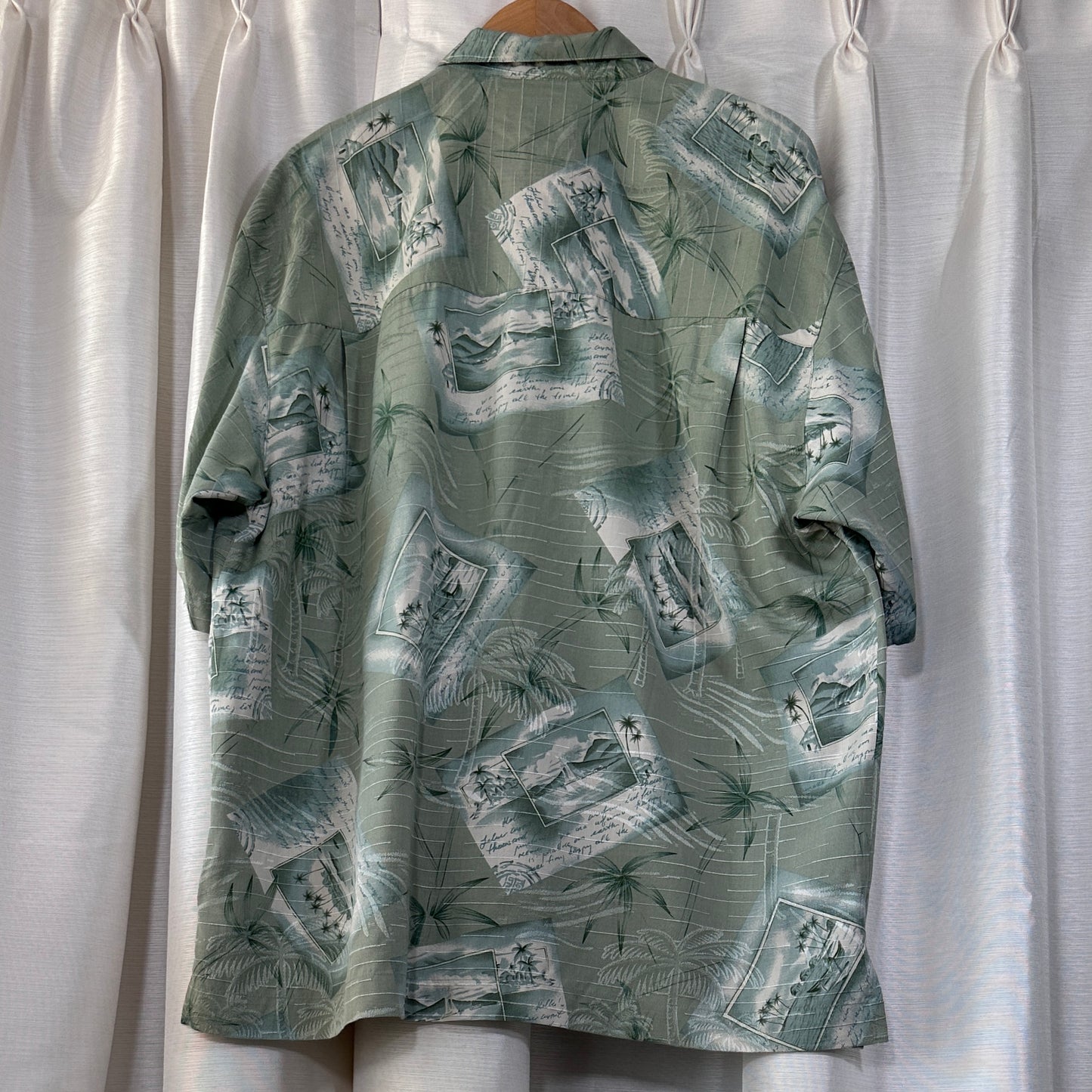 Bermuda Bay Green Postcard Pattern Hawaiian Silk Shirt, XL