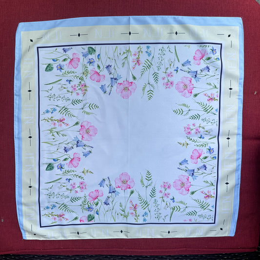 JFN Silk Scarf, White and Cream with Pink Floral - Cherry Buzz