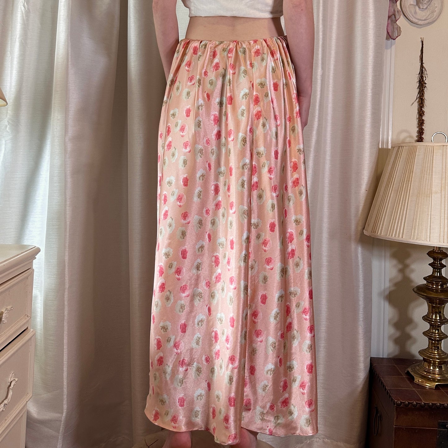 Pink Rose Pattern Maxi Skirt, S