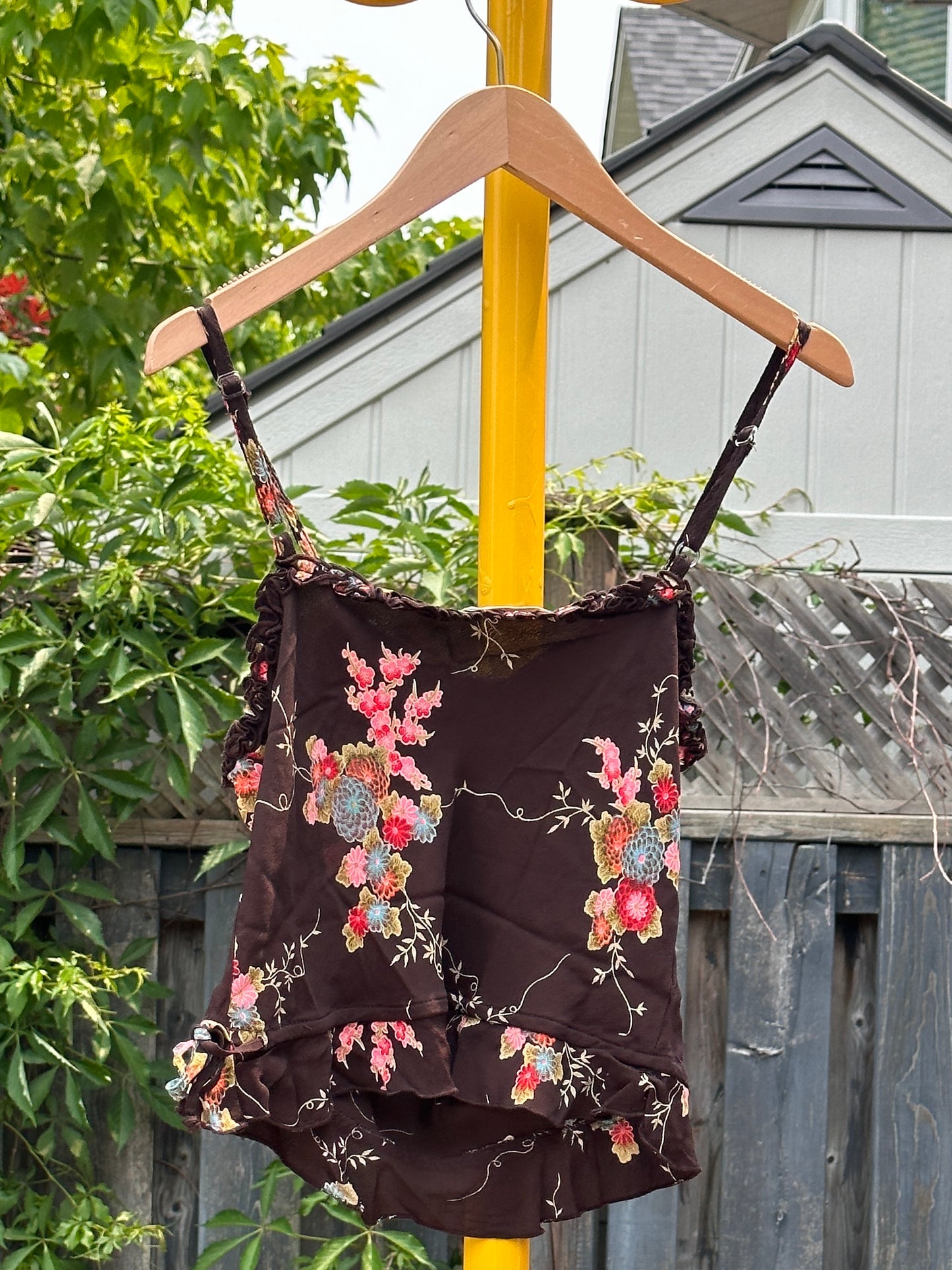 Brown Floral Spaghetti Top, M - Shirt - Cherry Buzz