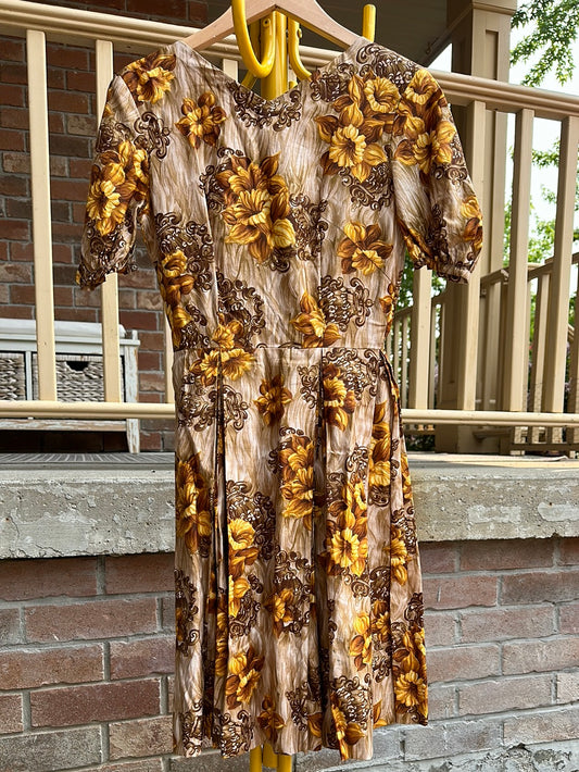 1950s Brown and Yellow Dress, S - Dress - Cherry Buzz