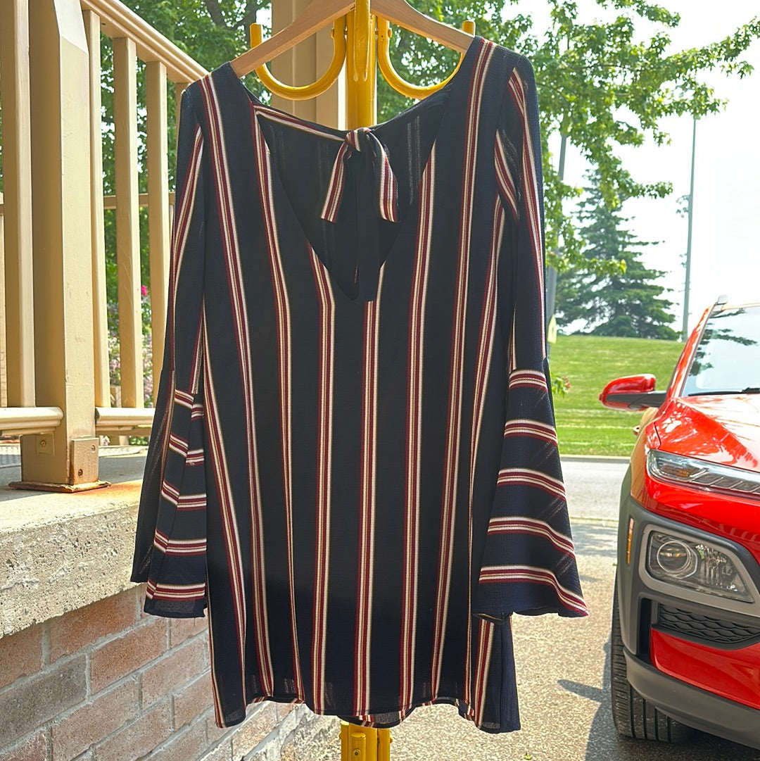 Navy Blue Stripe Dress with Flared Arms, S - Dress - Cherry Buzz