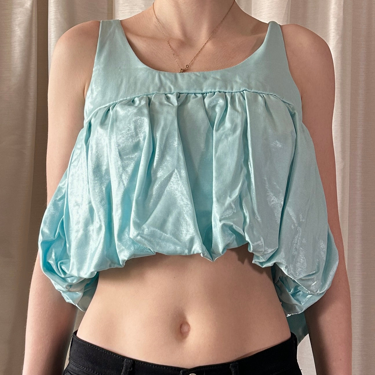 Baby Blue Ruched Top with Large Bow on the Back, S