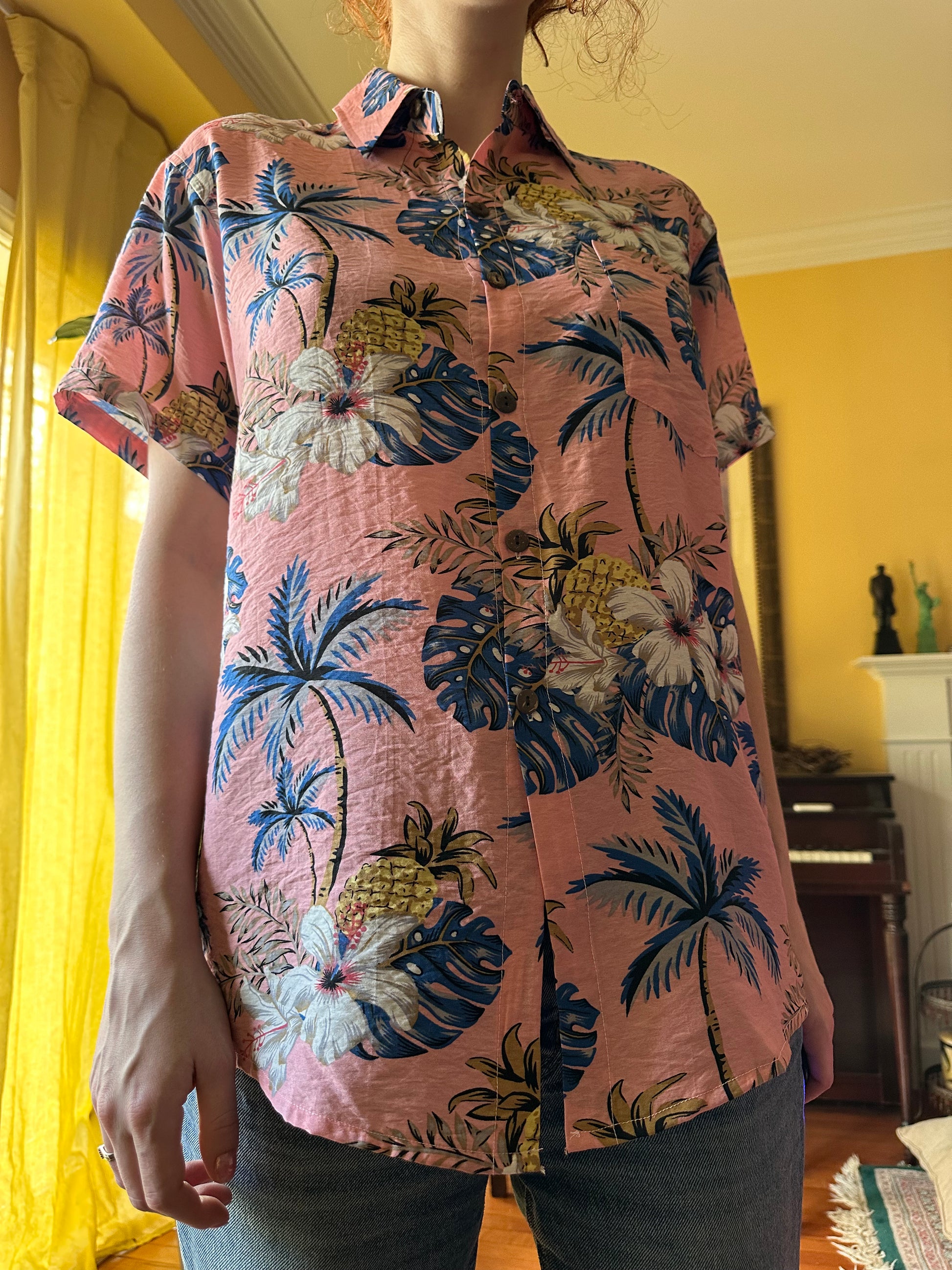 Jin Liu Ba Pink Hawaiian Shirt, M - Button Down - Cherry Buzz