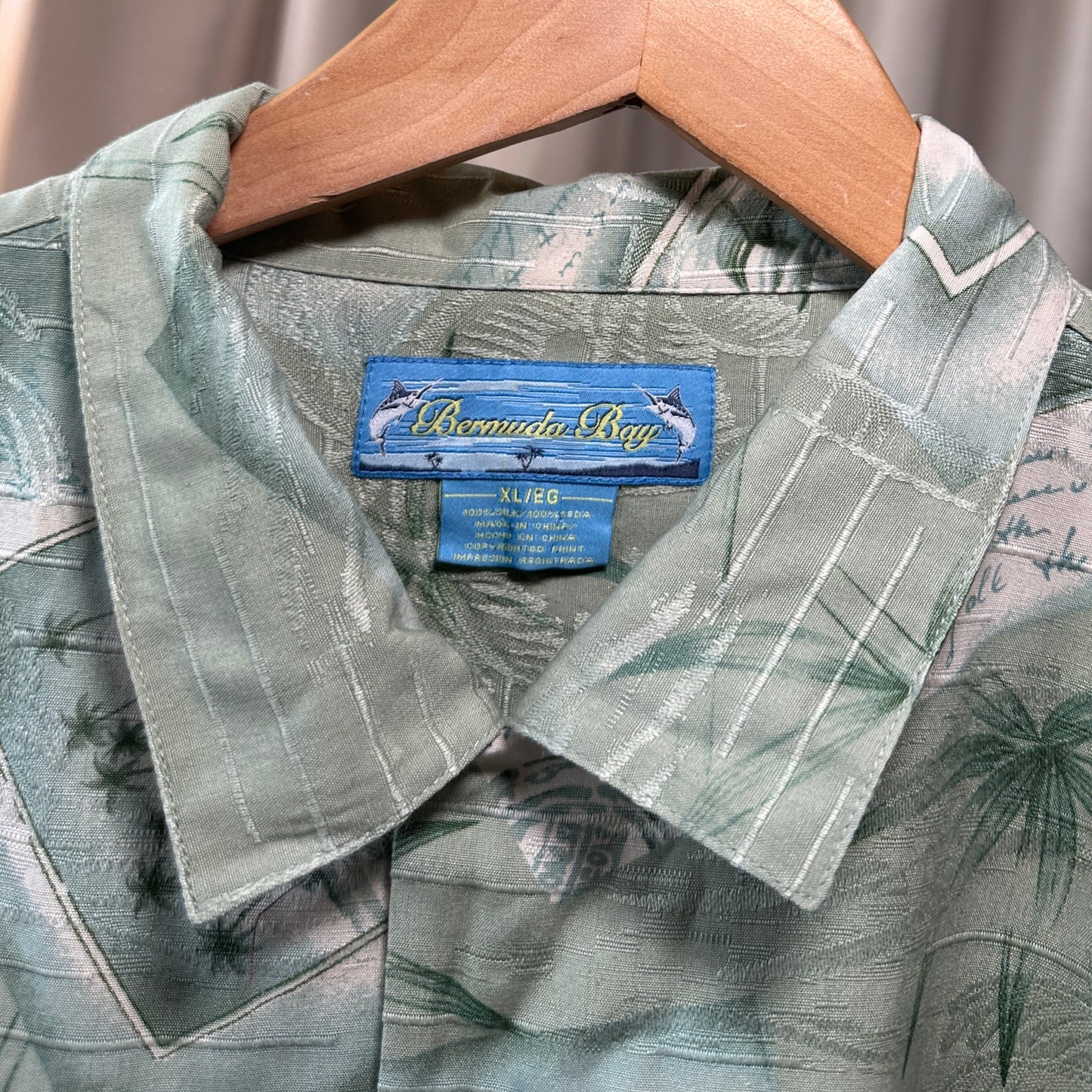 Bermuda Bay Green Postcard Pattern Hawaiian Silk Shirt, XL