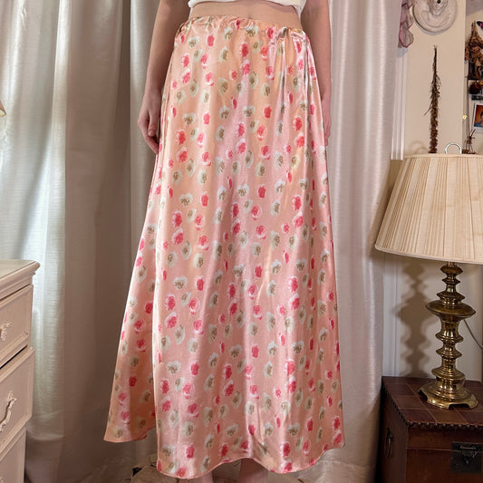 Pink Rose Pattern Maxi Skirt, S