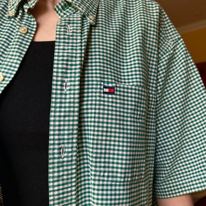 Tommy Hilfiger Green Gingham Short Sleeve Button Down, L - Button Down - Cherry Buzz