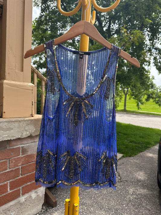 Blue Beaded Tank Top, S - Cherry Buzz