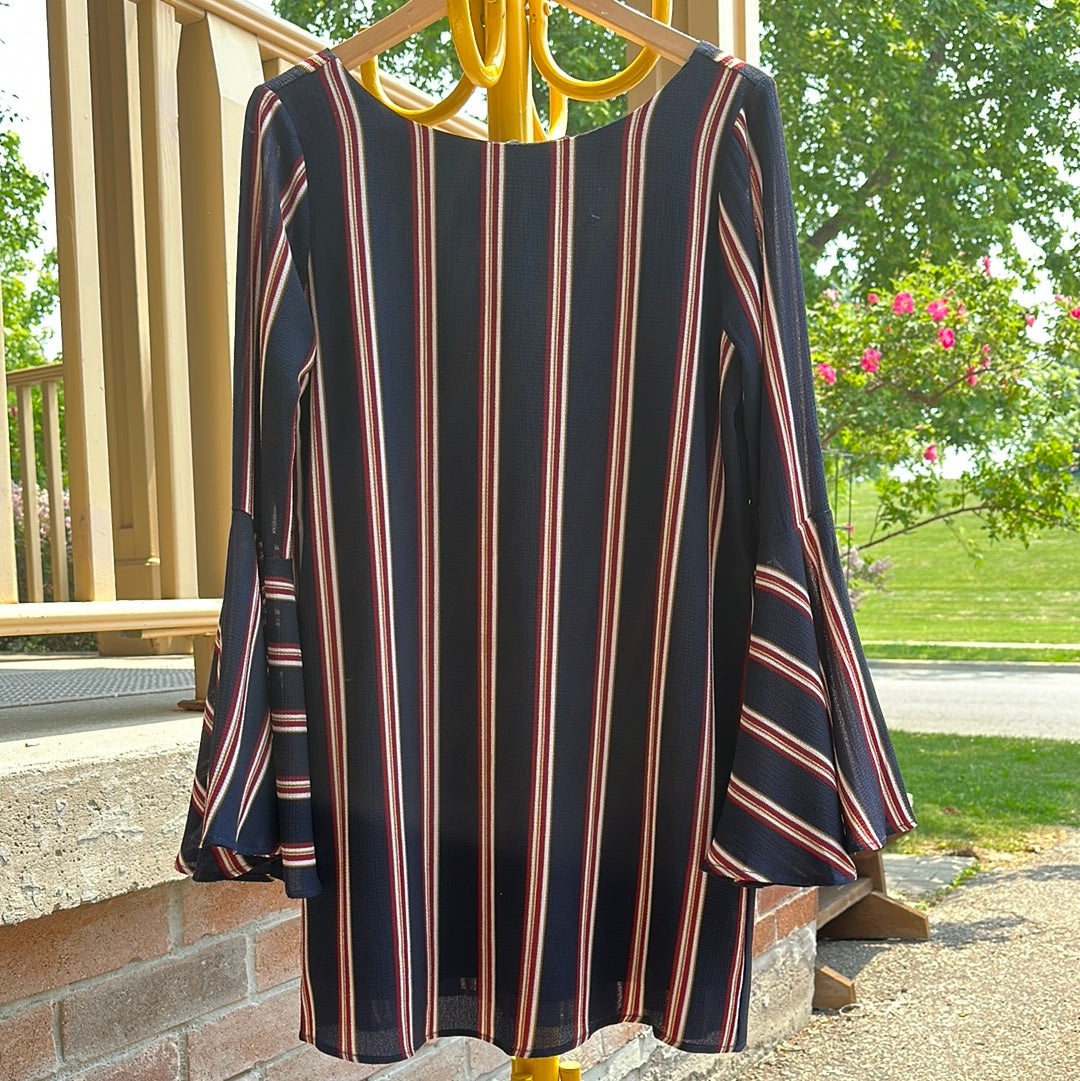 Navy Blue Stripe Dress with Flared Arms, S - Dress - Cherry Buzz