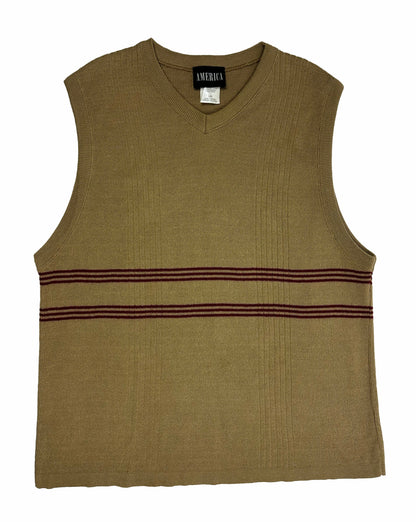 Beige Sweater Vest With Red Stripes, L - Vest - Cherry Buzz