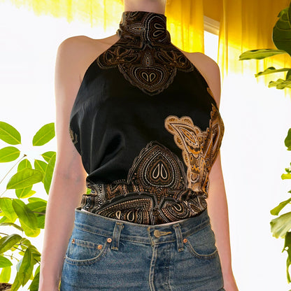 Le Chateau Y2K Gold and Black Paisley Halter, M - Shirt - Cherry Buzz