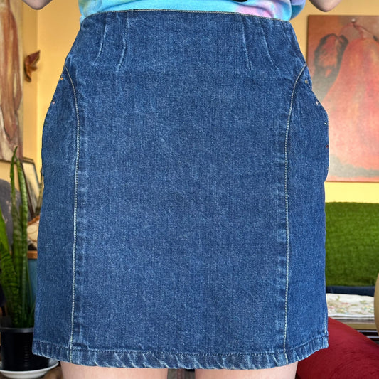 Rodeo Vintage Denim Skirt with Gem Pocket Detail, 25 - Skirt - Cherry Buzz